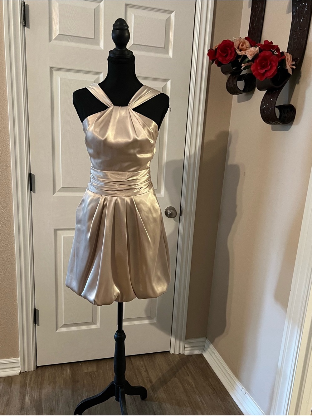 Gold beige cocktail evening wedding guest dress champagne color